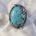 Turquoise custom ring with inlaid Diamonds and Oak leaves
