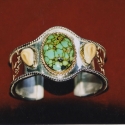 Sterling Silver And 14K Gold Turquoise Elk Tooth Cuff Bracelet