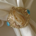 14K yellow gold Mans nugget style Elk Tooth ring with Turquoise accents