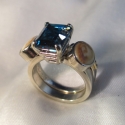 14k White 2 part Elk tooth ring with London Blue Topaz